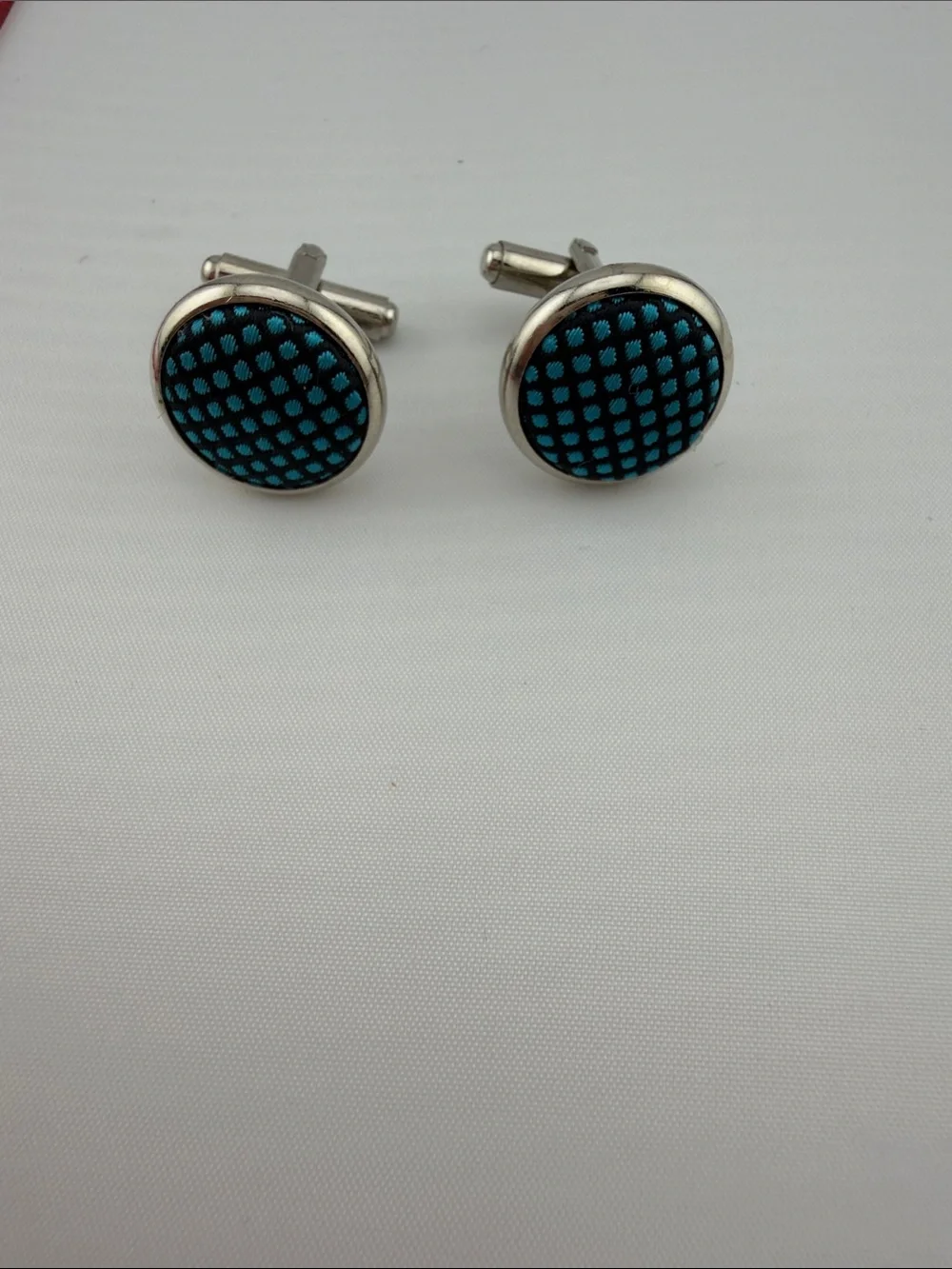 Men's Vintage Blue Patterned Round Cufflinks - Silver Tone